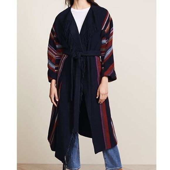 Tory Burch Alice Coat XL Navy Wool Fringe Belted Long Jacket Multicolor Stripes - Picture 1 of 12